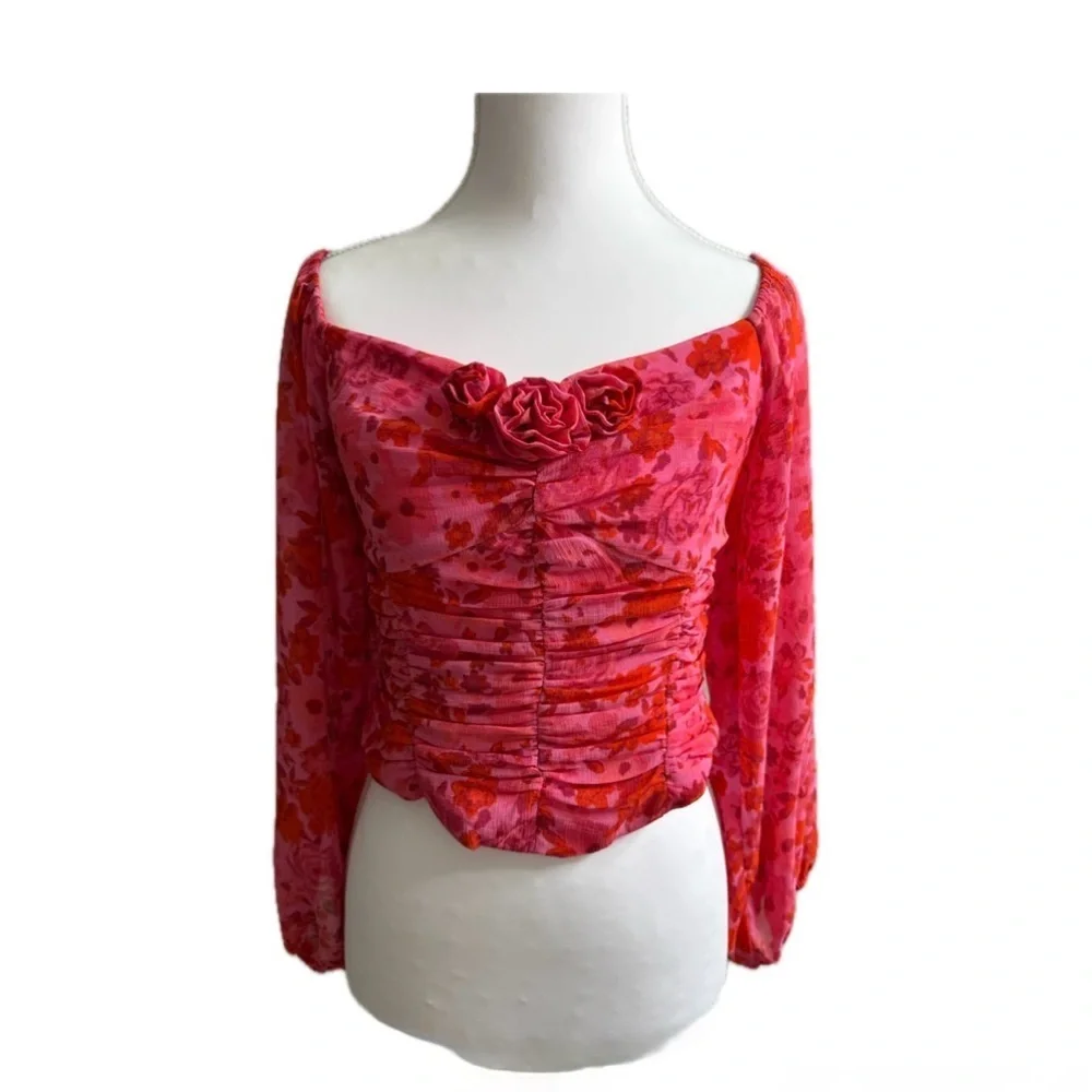 FREE PEOPLE  Oh Lala Ruched Rose Top Pink & Red. SIZE: Small